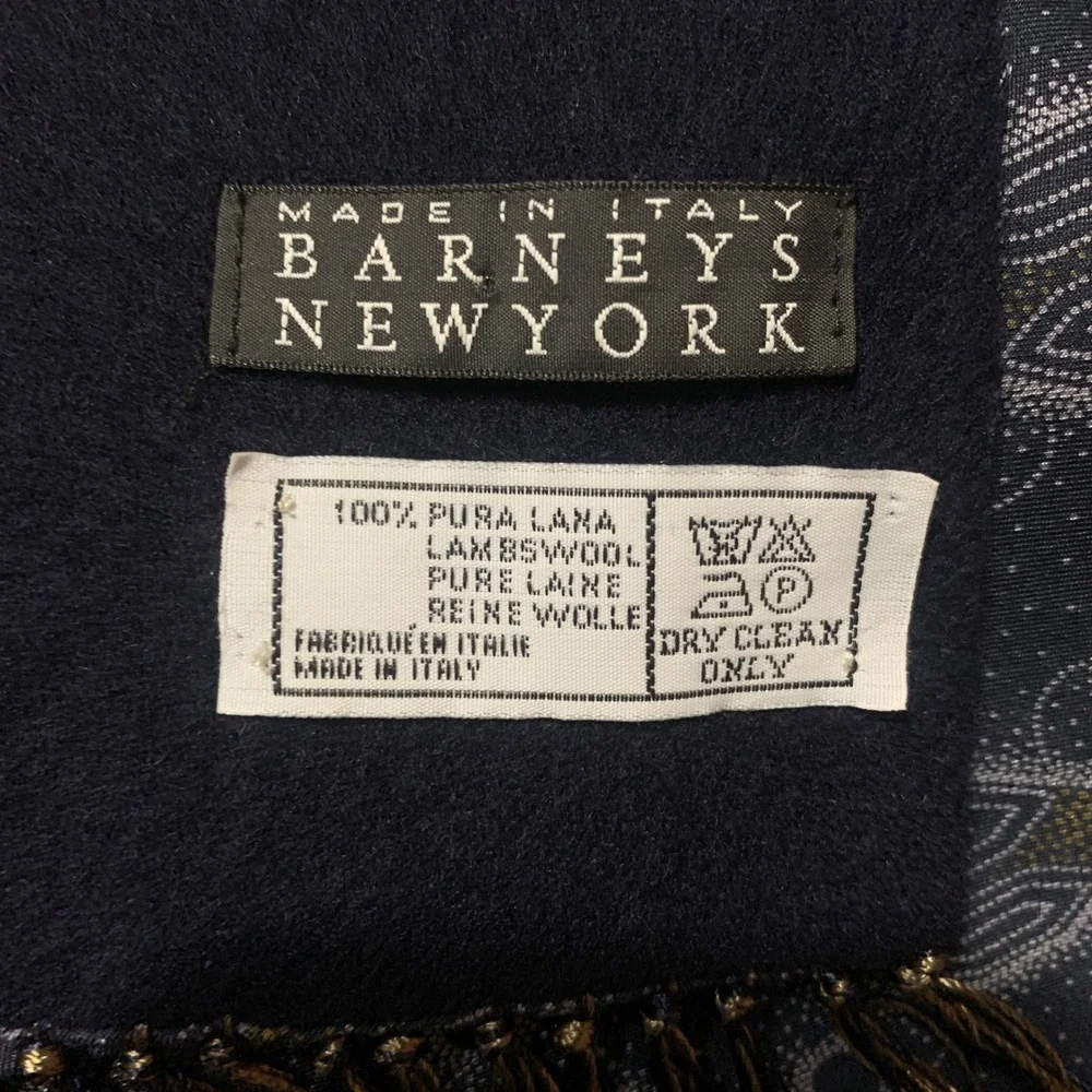 Barneys New York Scarf Mens Silk Wool Reversible Navy Blue Geometric Italy Made